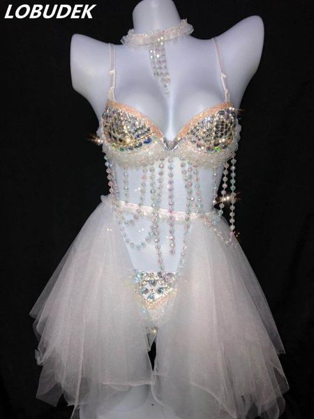 

nightclub dj female singer dance costume sparkly rhinestones beading bikini skirt 4 pieces party catwalk dancer stage wear, Black;red