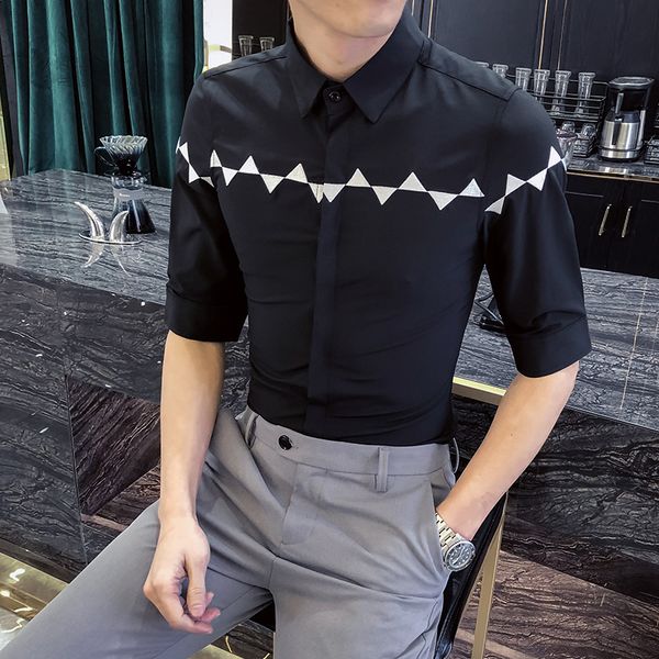 

лето мужчины рубашки 2019 корейский slim fit рубашки платья mens половина рукава вышивки ночной клуб tuxedo рубашка для мужчин одежда, White;black