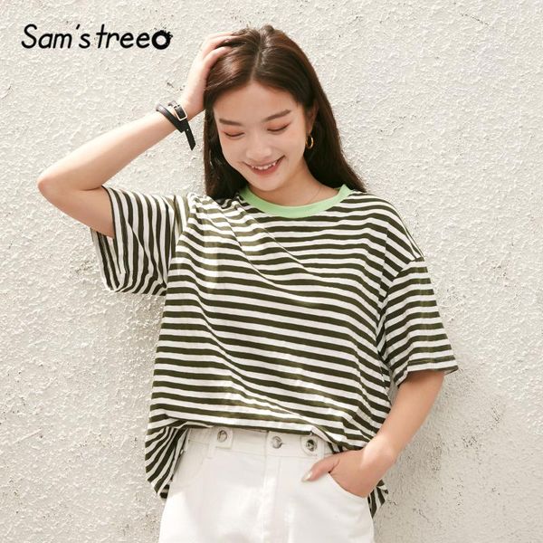 

sam's tree army green colorblock striped women casual t shirts 2020 summer new half sleeve korean style ladies daily, White