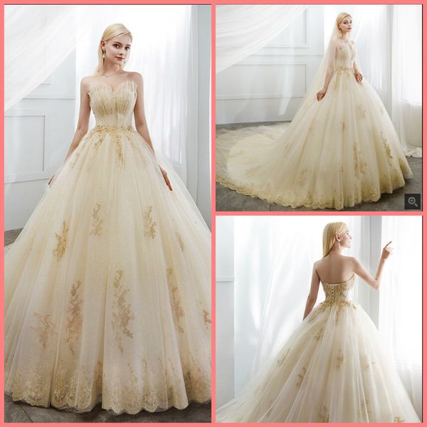 

robe de mariage ball gown gold lace appliques wedding dress strapless sweetheart neckline chapel train elegant bride dress selling, White