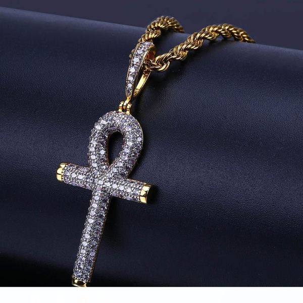 

hiphop оттенок египетского анк ключ ожерелье iced out цирконий камень ожерелье с веревкой chian крестики punk ювелирных изделиями, Silver