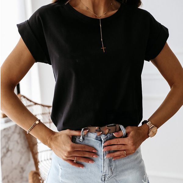 

womens summer short sleeve plain t shirt blouse ladies basic tee new 2020 women's t-shirt, White