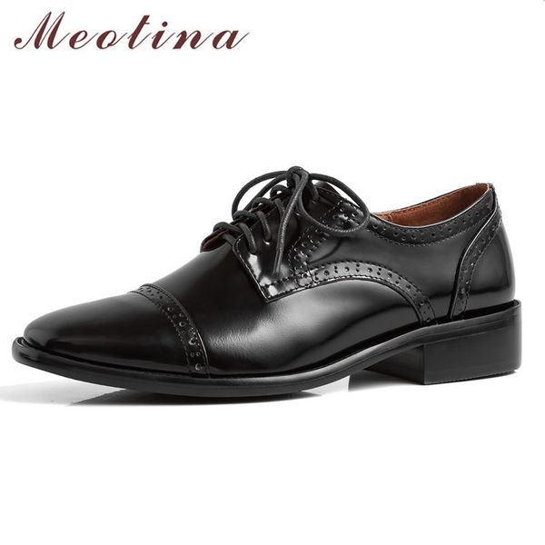 

meotina women flats derby shoes natural genuine leather flat casual shoes cow leather lace up square toe lady autumn 34-39, Black