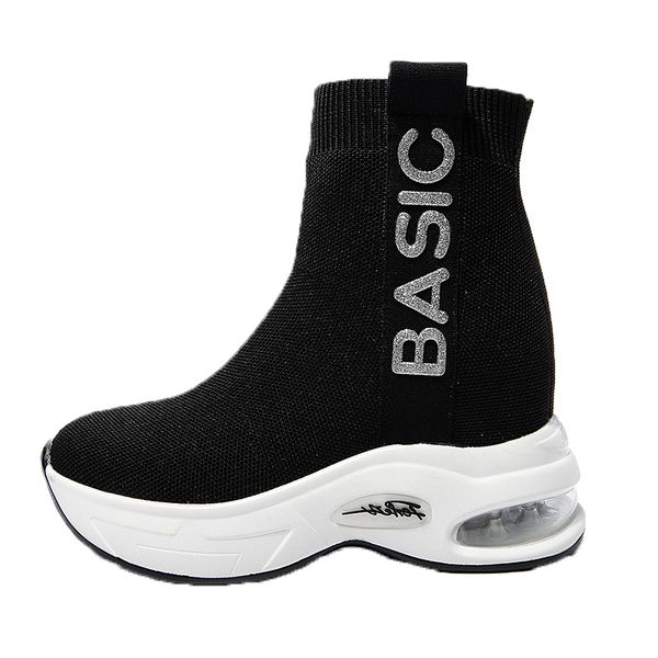 

cuddlyiipanda autumn new -woven mesh wedge boots for women air cushion ankle high boots 3d letters stamping sock botas, Black