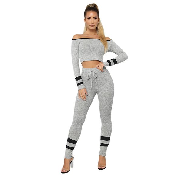 

designer womens clothes slash neck long sleeve 2 piece tracksuit set drawstring off shoulder women tracksuit bodycon long pants women suits, White