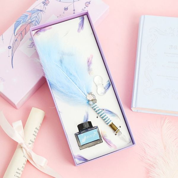 

beautiful feather glass pen dip writing ink quill pens set for school stationery gifts art supplies d08b