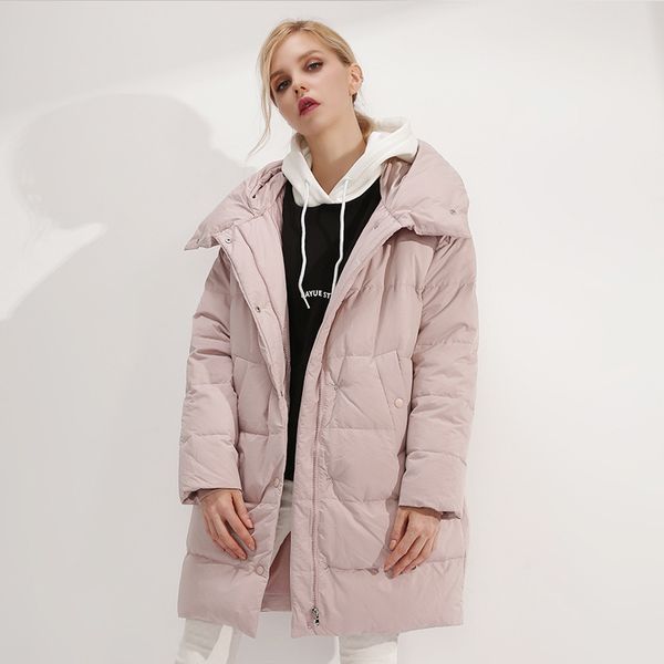 

ynzzu elegant women's down jacket 2018 winter pink mid-long duck down coat thick warm hooded loose jacket women parka o757, Black