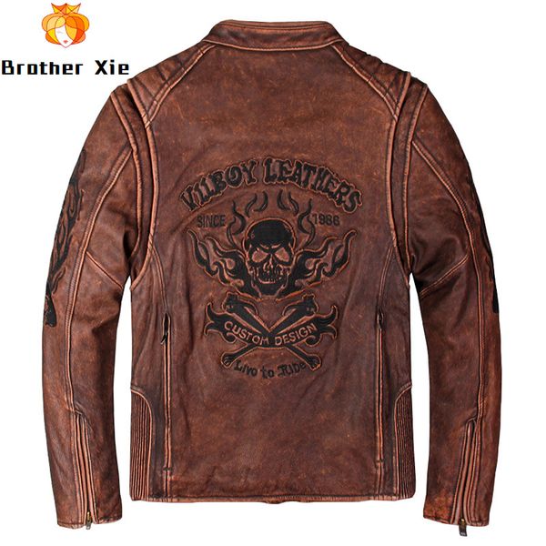 

2020 мужская натуральная кожаная куртка череп вышивка мотоцикл кожаная куртка коричневый винтаж воловья кожа куртки пальто для мужчин, Black