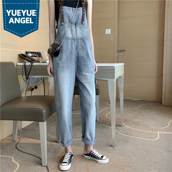 

autumn new fashion slim straight denim jumpsuit women high street high waist casual straps jeans overalls trousers female s-l, Blue