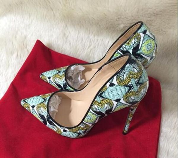 

2019 new style women red bottom high heels shoes hand-painted pattern pointed toe green serpentine lady wedding shoes+dust bag+box #9027, Black