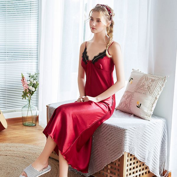 

women silk sleeping dress sleepwear silk womens night gowns satin sleepwear 9717, Black;red