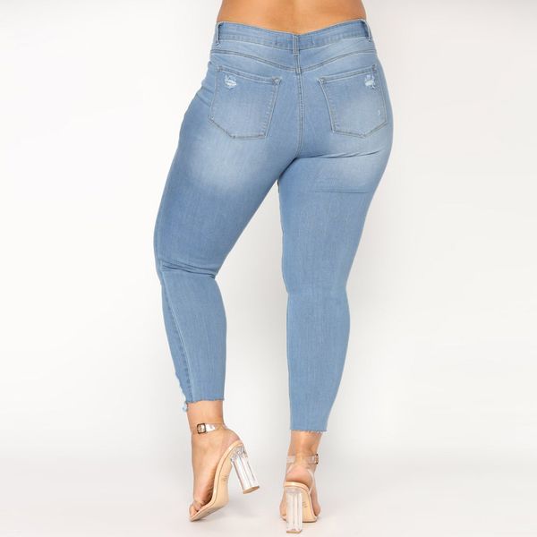 

женщины плюс размер рваные джинсы 5xl 6xl 7xl тонкий джинсовая разрушенный hole высокой талией джинсы повседневные stretch карандаш брюки бр, Blue