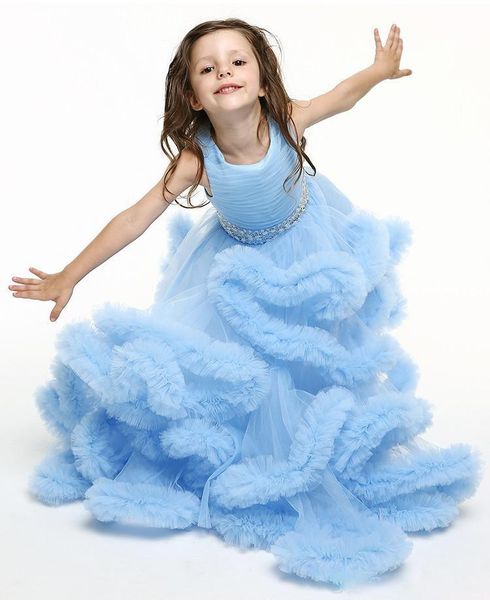 

2019 princess little girls pageant gowns jewel neck beaded sash lace up back birthday dress long ruffles tulle flower girl dress, White;red
