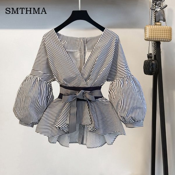 

lantern sleeve summer blouse shirt women 2019 fashion korean style bow v-neck striped elegant shirt, White