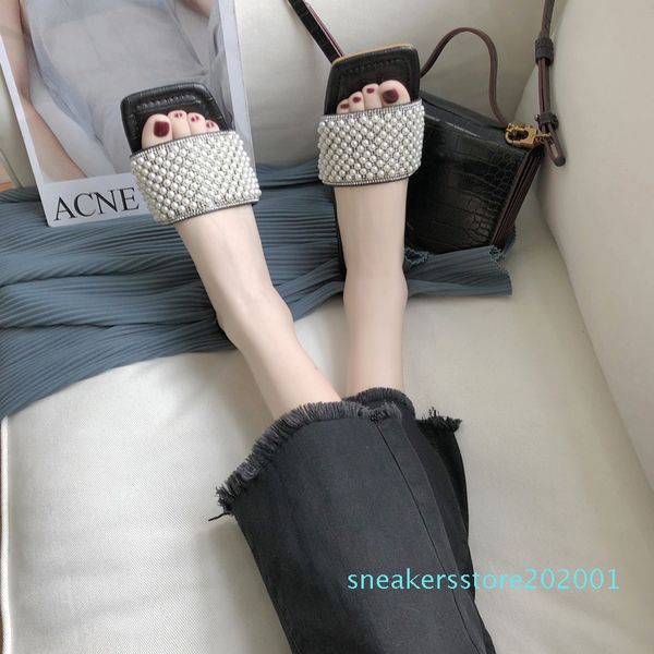 

shoes women womens slippers outdoor low luxury slides pantofle string bead soft designer summer 2020 flat bonded leather pu s01, Black