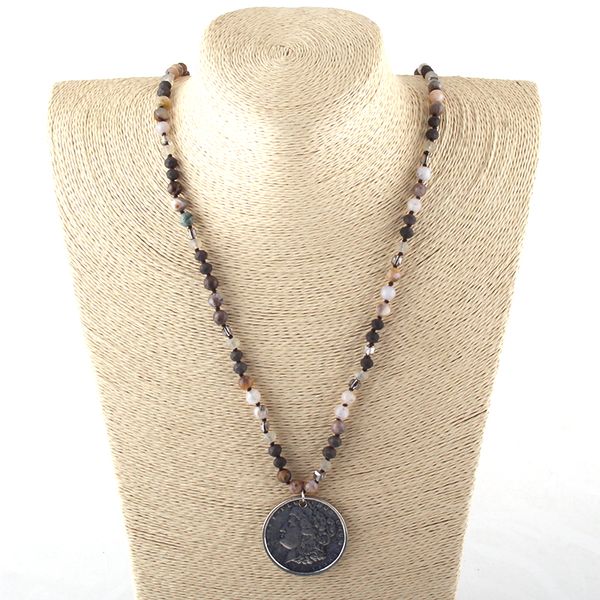 

moodpc fashion bohemian tribal jewelry 6mm natural stones and crystal long knotted metal disco pendant necklaces women necklace, Silver