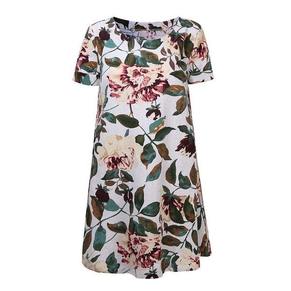 

women summer floral long casual crew neck short sleeve flower printed loose cotton short dress mini dress plus size white s, Black;gray