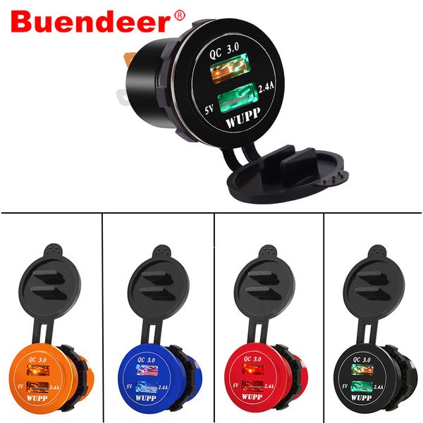 

buendeer car cigarette lighter adapter waterproof 2 port usb qc3.0 quick charger power socket for 12v-24v boats atv rvs suv