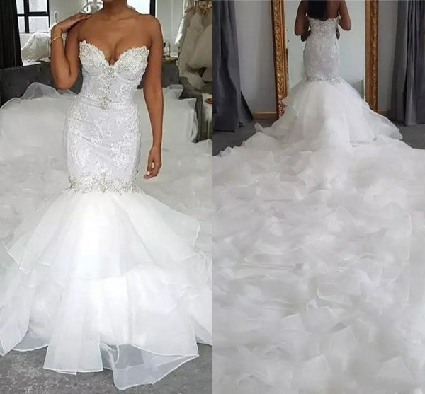 

new vintage mermaid wedding dresses sweetheart sleeveless lace crystal beaded organza ruffles tiered long plus size formal bridal gowns, White