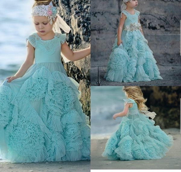 

2020 turquoise flower girl dresses ruffles tulle a line boho wedding first communion dress little girl a-line kids birthday party gowns, White;blue