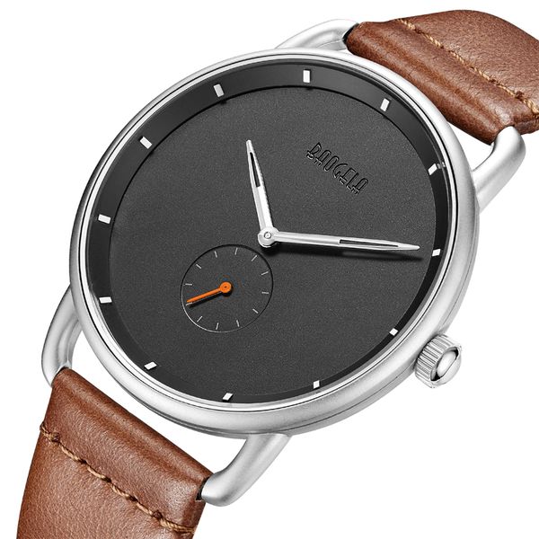 

baogela fashion simple watches for men ultra thin analogue dress quartz wrist watch man brown genuine leather strap waterproof, Slivery;brown