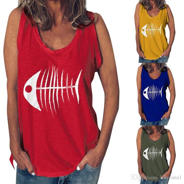 

womens casual funny fish bone print vest sleeveless tank green lady summer fish bone print vest t shirt, White