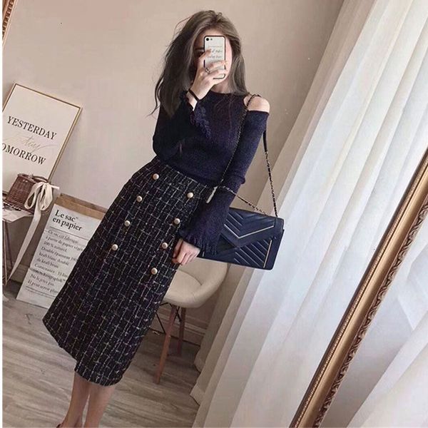 

women s designer 2 piece sets designer knit 2019 autumn long sleeve elegant women double breasted tweed two piece skirt set, White
