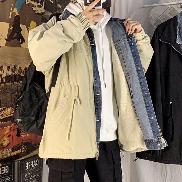 

winter thickening lamb hair jacket men's warm fashion parka men casual denim stitching coat man wild loose cotton jacket male, Black