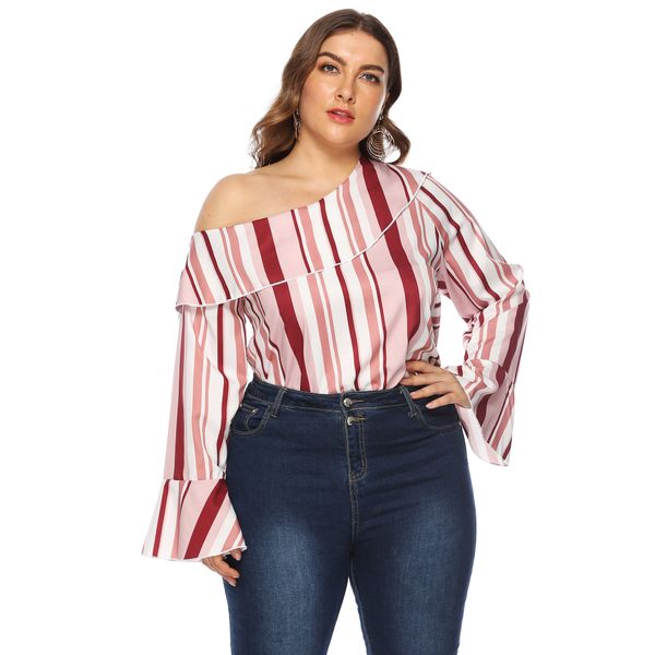 

large size dress irregular stripes-trimmed collar joint bell sleeve large size t-shirt women's 10010, Black;white