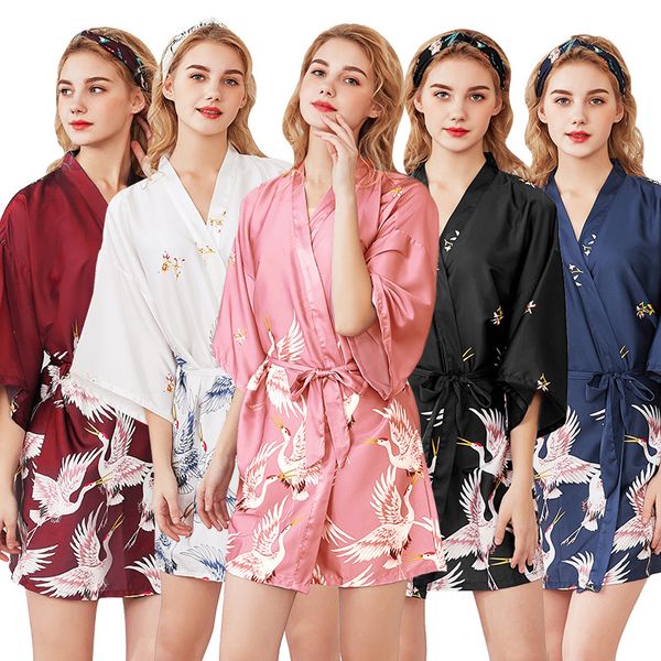 

simulated silk women's pajamas new spring and summer medium sleeved gown bathrobe bride gown silk dress, Black;red