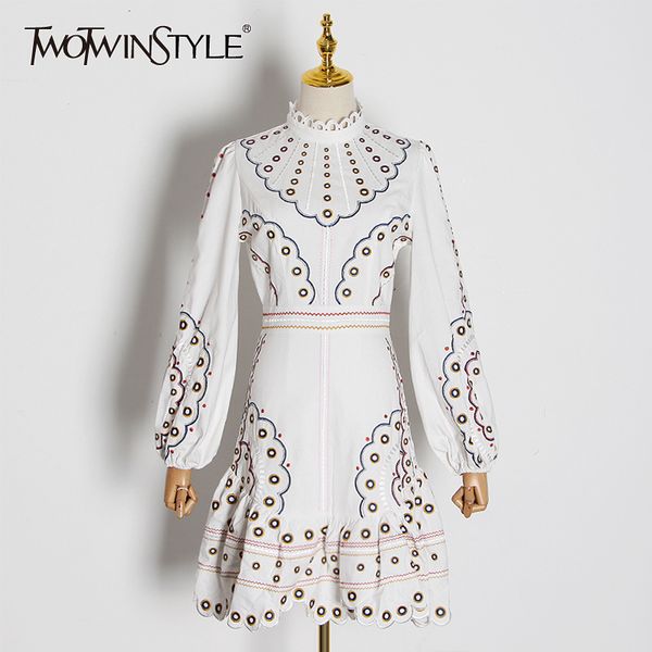 

twotwinstyle embroidery print women dresses o neck lantern wrist sleeve high waist ruched dress female fashion 2020 clothing new, Black;gray