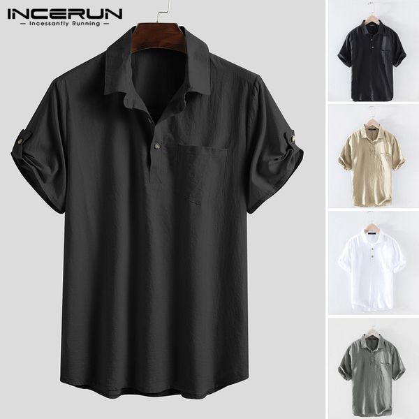 

incerun 2020 summer men cotton shirt short sleeve solid color breathable hombre casual lapel shirts streetwear camisa 3xl, White;black