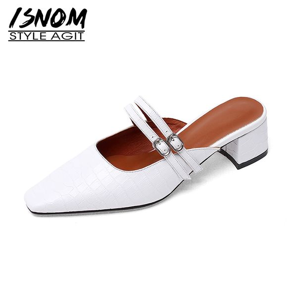 

isnom vintage ladies slippers mules shoes woman genuine leather slides buckle strap square toe med heels slipper women shoes, Black