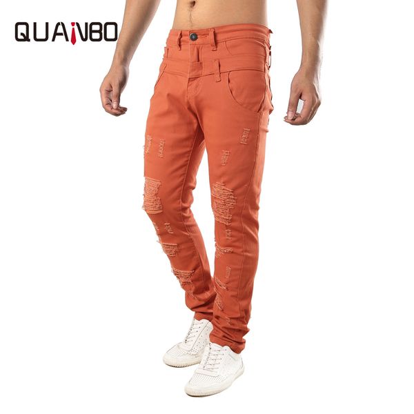 

quanbo brand clothing men's slim hole ripped jeans normcore/minimalist denim pants men denim pants elastic jeans orange, Blue