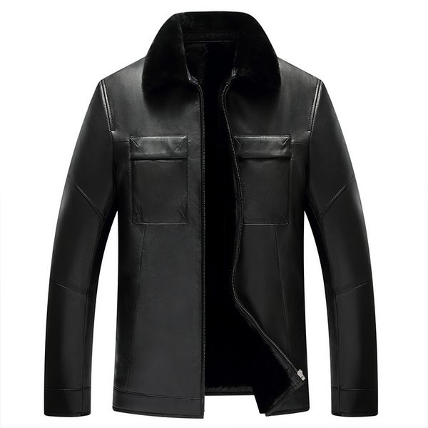 

leather fur coat man male sheep skin leather jacket wool inside, Black