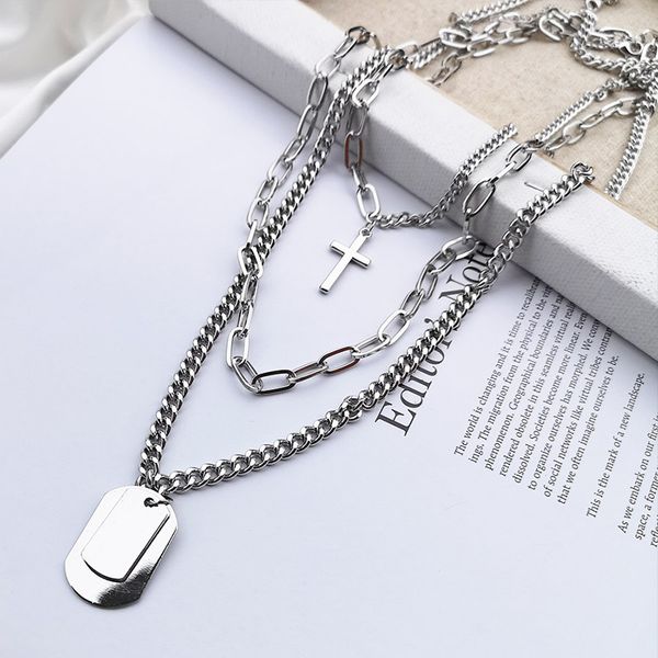 

european and american hip-hop double-layer necklace men and women multi-layer cross necklace temperament tide clavicle chain accessories swe, Silver