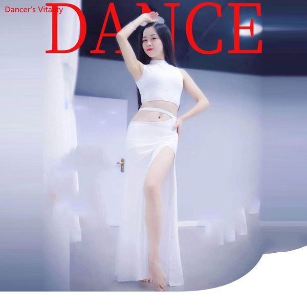 

new belly dance practice clothes women modal slim high slit sleeveless dress set skirt 2pcs, Black;red