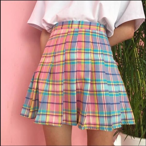 

spring and summer college wind rainbow plaid skirt, Black;gray