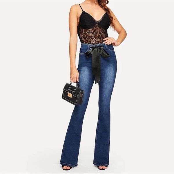 

high waist jeans for women slim stretch denim jean bodycon tassel belt bandage skinny push up jeans woman flare, Blue