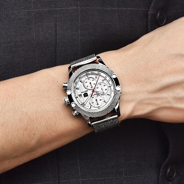 

benyar watch men quartz chronograph watches business casual clock mesh steel wrist watches steel band waterproof watch men saat, Slivery;brown