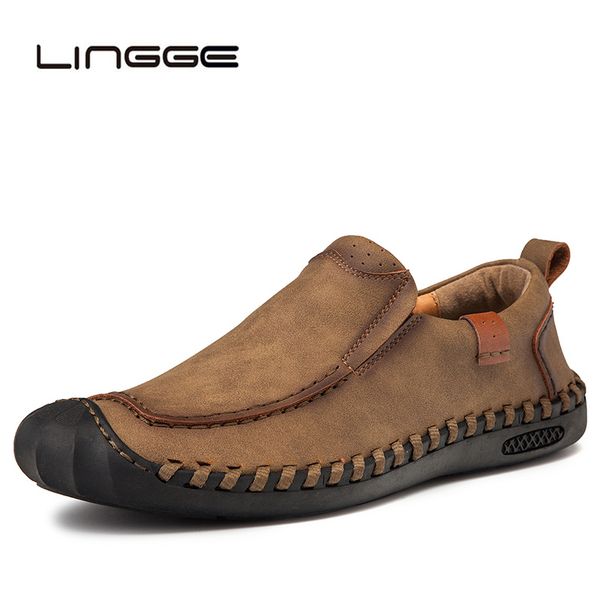 

lingge 2020 brand split leather shoes mens casual shoes men loafers spring breathable men slip on autumn men's flats, Black