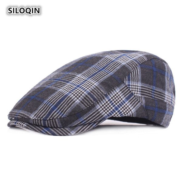 

siloqin autumn men's new style cotton young artists berets adjustable plaid cloth leisure wild riding mountaineering visor hat, Blue;gray