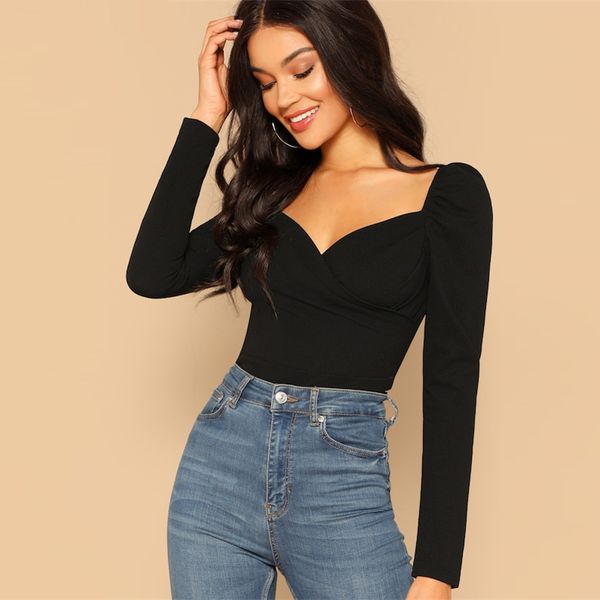 

черная блузка женщины top black solid zip назад монтажн wrap с длинным рукавом милая элегантные блузки женщины весна рубашка sexy офис дамы, White