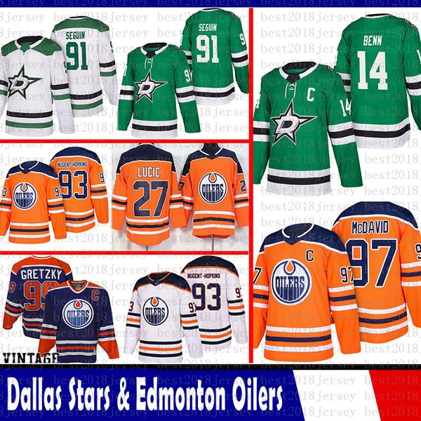 

dallas stars 14 jamie benn 91 tyler seguin jersey edmonton oilers 97 connor mcdavid 93 ryan nugent-hopkins 27 milan lucic 99 wayne gretzky, Black;red