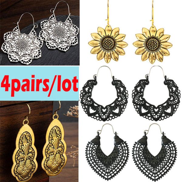 

hoop & huggie 4 pairs/lot silver gold earrings mandala sunflower drop dangle bee skull raven claw for women, Golden;silver