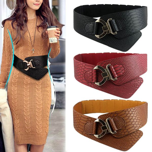 

fashion woman waist belt pu leather snakeskin pattern oblique elastic personality ladies girls super wide belts nyz shop, Black;brown