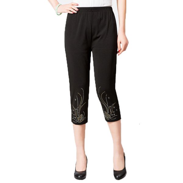

2019 new fashion middle aged women solid color straight pants capris casual elastic waist summer calf-length pants plus size 5xl, Black;white