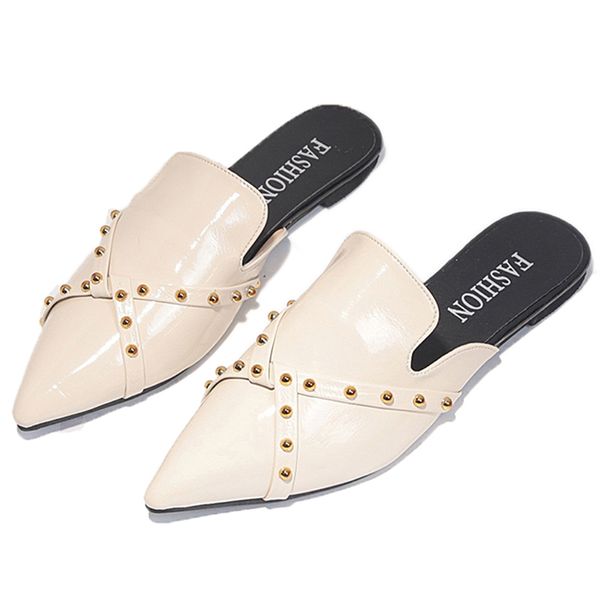 

women flats summer new arrival pointed toe slip on fashion studded mules patent leather flat outdoor dates women slides sandals, Black