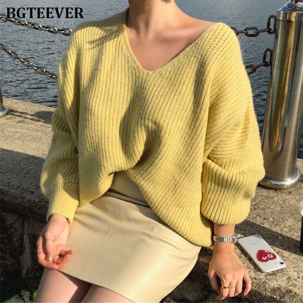

bgteever loose v-neck autumn winter sweater women warm chic oversized pullovers jumpers female knitted sweaters 2019, White;black