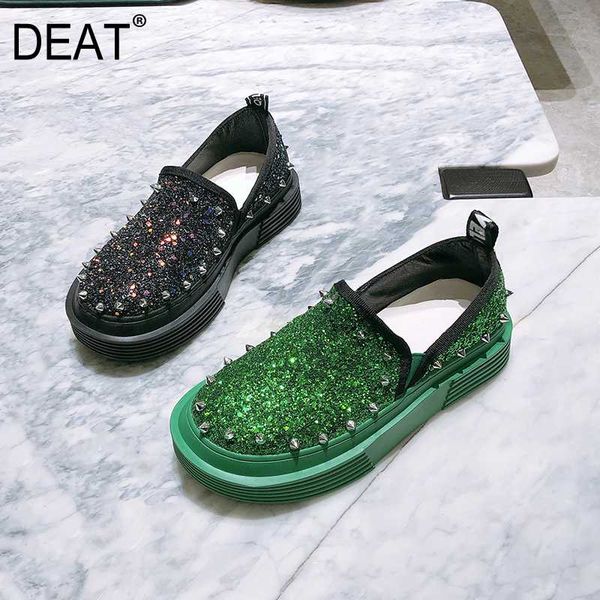 

deat] 2020 round toe rivet bling casual pu leather single shoes high heels shoes women new spring autumn fashion tide 10g014, Black